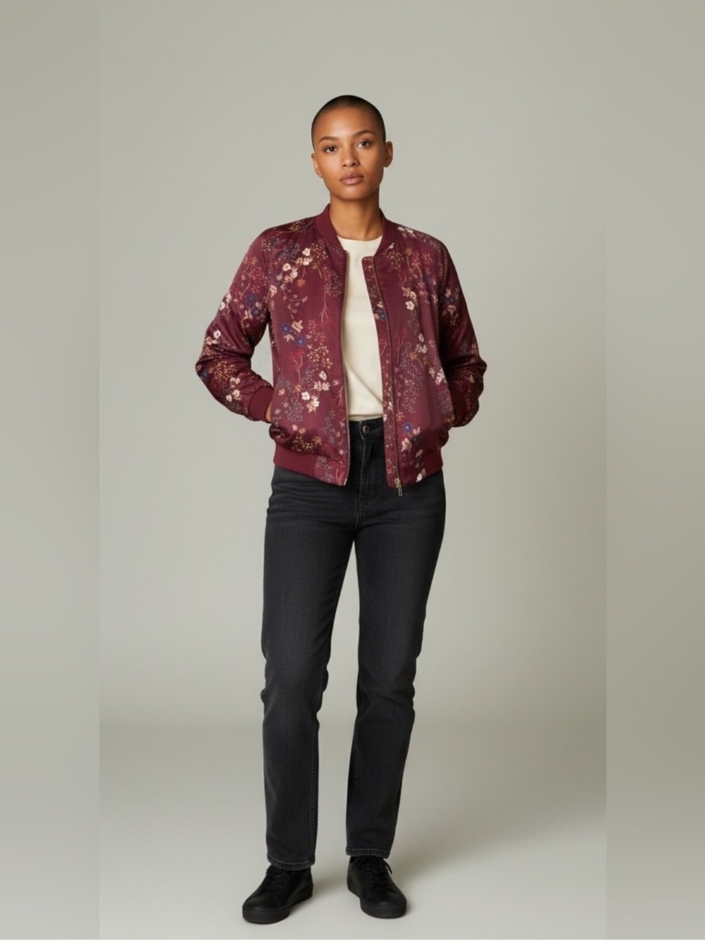 Love Fire casual burgundy satin floral lightweight y2k bomber jacket size medium